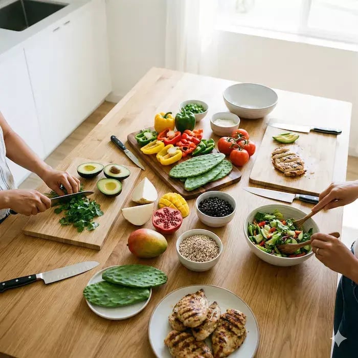 Alimentación mexicana saludable Mesa con ingredientes frescos como verduras variadas, frutas coloridas, granos integrales y proteínas magras distribuidos naturalmente