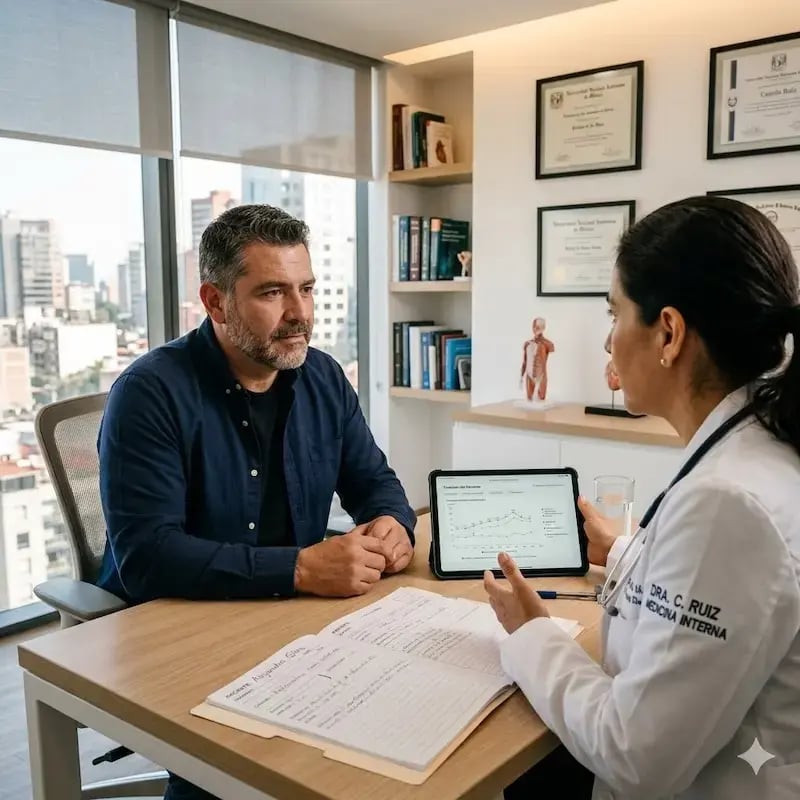 Consulta médica de un adulto a una doctora
