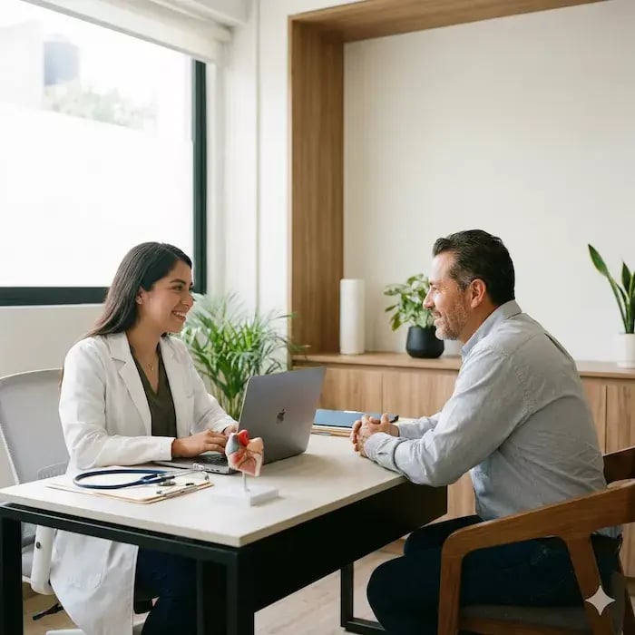 consulta médica profesional en México: doctora mexicana joven con bata blanca utilizando una laptop moderna mientras conversa con un paciente adulto sentado frente a ella