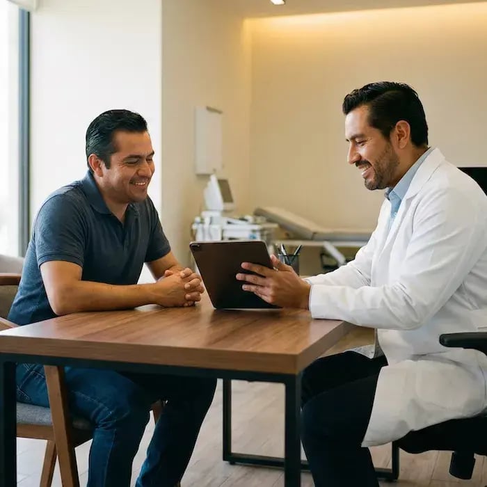 consultorio médico moderno en México con un médico general mexicano de aproximadamente 40 años revisando resultados de análisis clínicos en una tablet o computadora mientras conversa con un paciente adulto mexicano.