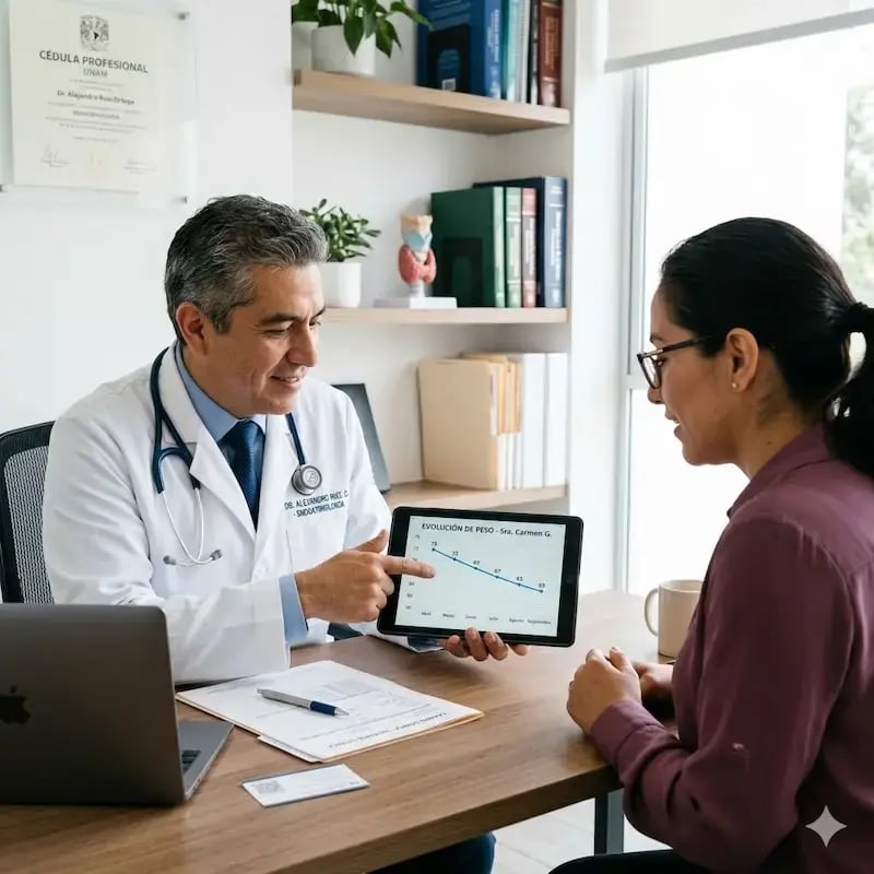 Doctor mostrando el camino del paciente para perder peso