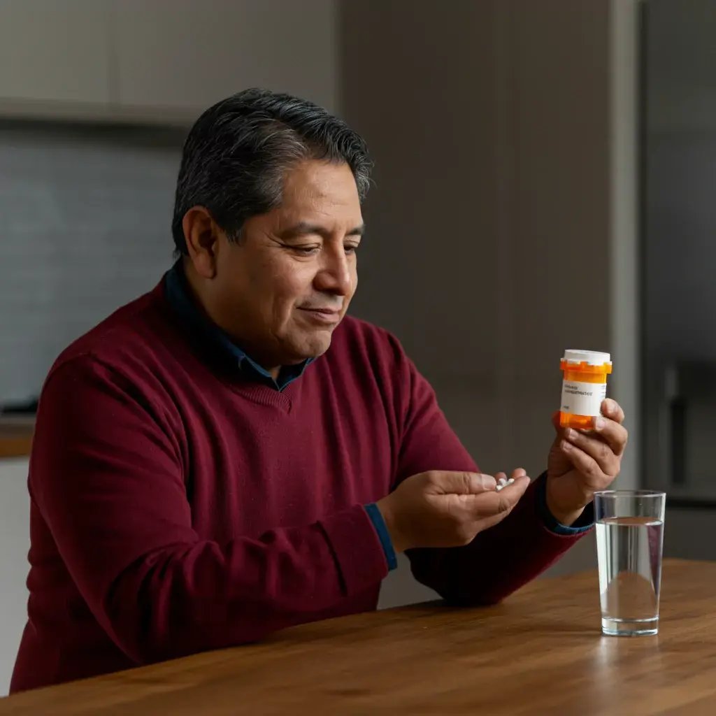 Hombre con diabetes que está tomando medicamentos