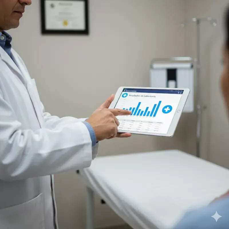 Médico realizando pruebas y análisis para diagnosticar diabetes