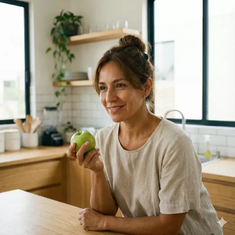 Mujer con diabetes que está comiendo fruta