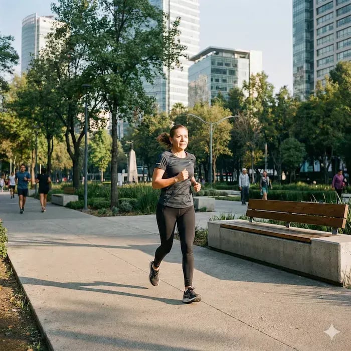 persona mexicana adulta realizando ejercicio al aire libre en un parque urbano contemporáneo de México