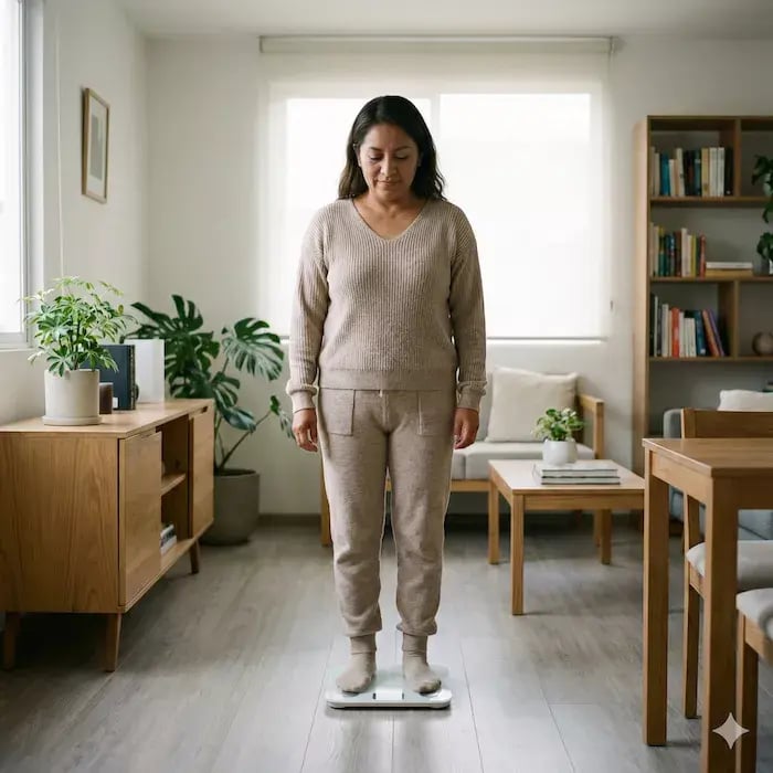 mujer mexicana adulta de complexión promedio y talla baja (aproximadamente 1.50 m), de pie frente a una báscula digital moderna en un entorno doméstico contemporáneo y ordenado