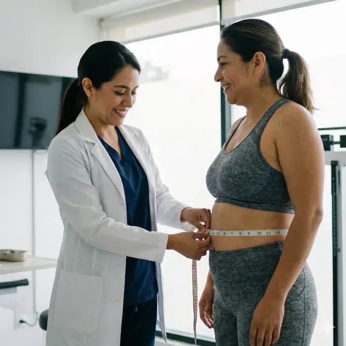 profesional de la salud mexicana de aproximadamente 35 años en una consulta moderna y limpia, utilizando una cinta métrica flexible para medir la circunferencia abdominal de una paciente adulta mexicana que está de pie