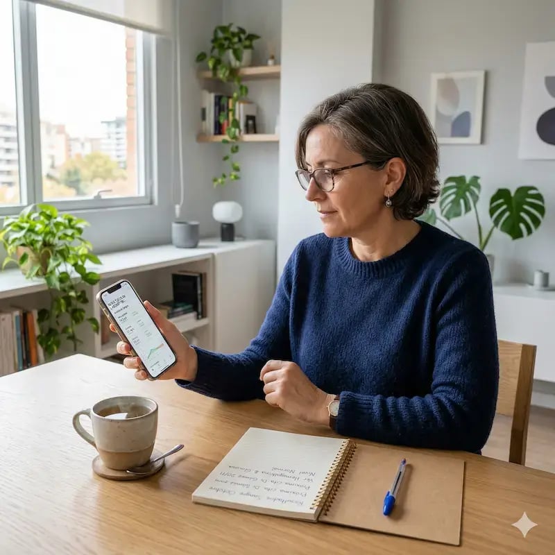Mujer que revisa la app de Clivi para medir su progreso