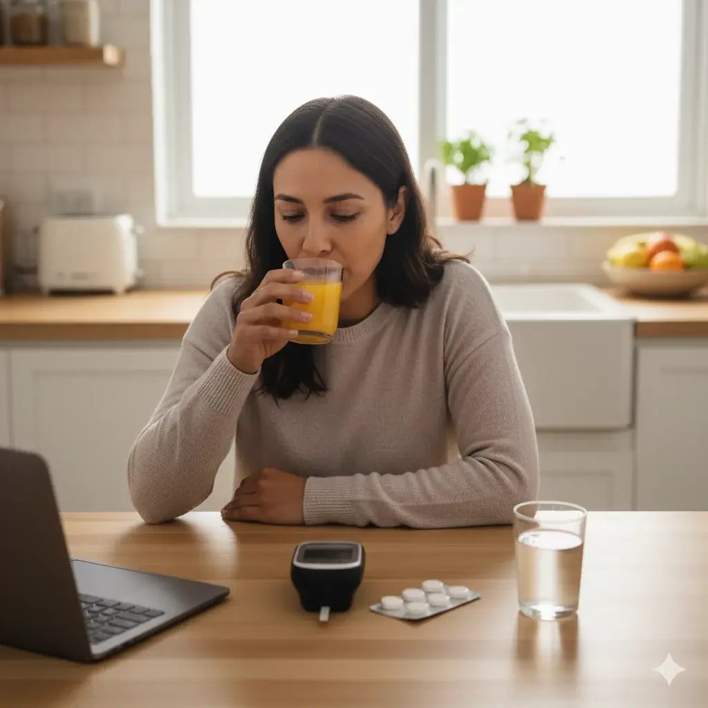 Mujer tomando un vaso de jugo para hipoglicemia