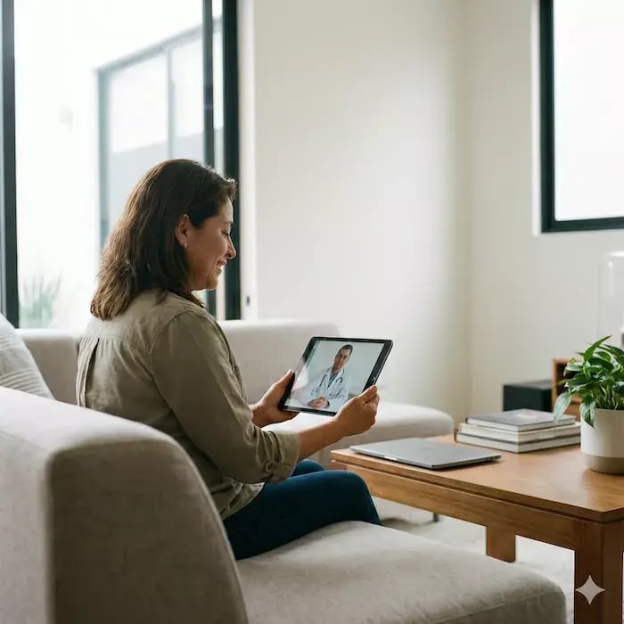 videoconsulta médica moderna: persona mexicana adulta sentada cómodamente en su hogar frente a una laptop o tablet, en conversación de videollamada con profesional de la salud visible en pantalla