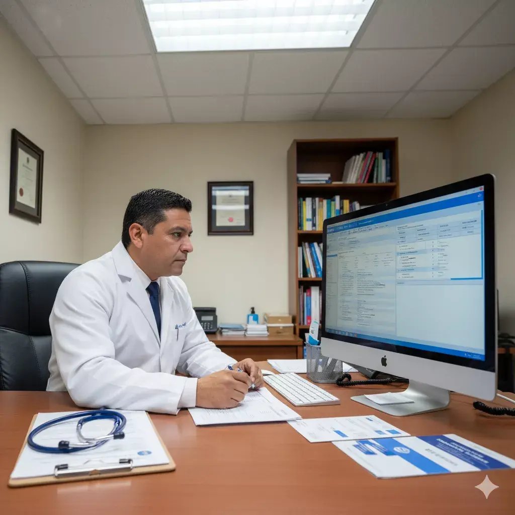 médico general mexicano examinando resultados