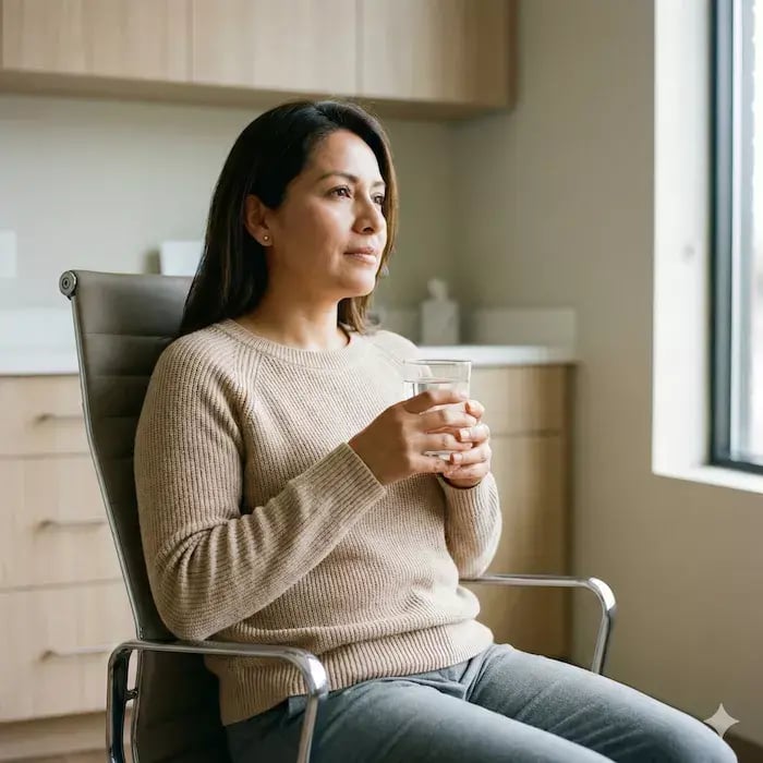 mujer mexicana de 40 años sentada en una silla de consultorio médico, con expresión reflexiva y serena. Viste ropa casual contemporánea en tonos neutros. Sostiene un vaso con agua con ambas manos