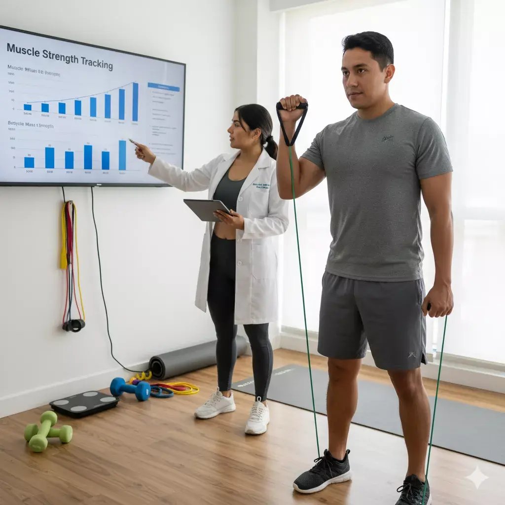 paciente en ropa deportiva recibiendo orientación de un especialista en fuerza muscular
