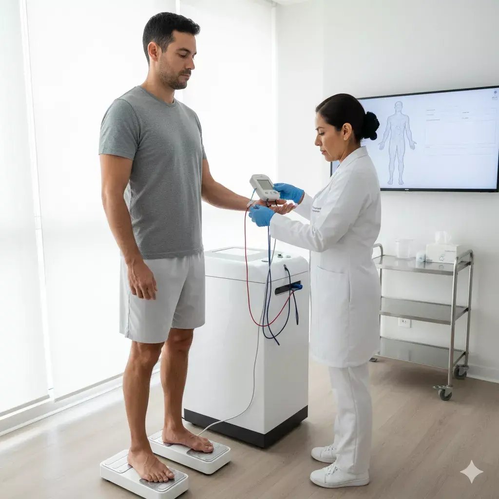 paciente recibiendo un examen de bioimpedancia
