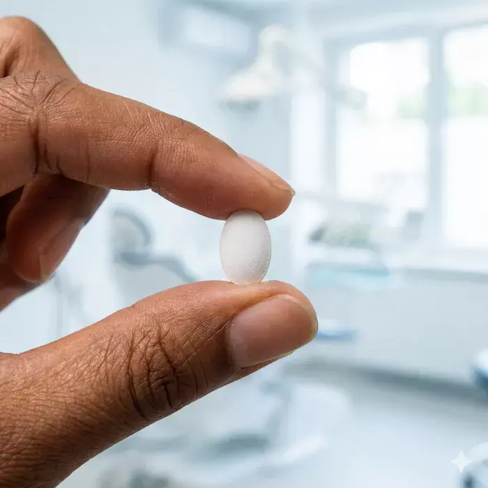 Persona sosteniendo una pastilla que simula ser una píldora de semaglutida oral para perder peso.