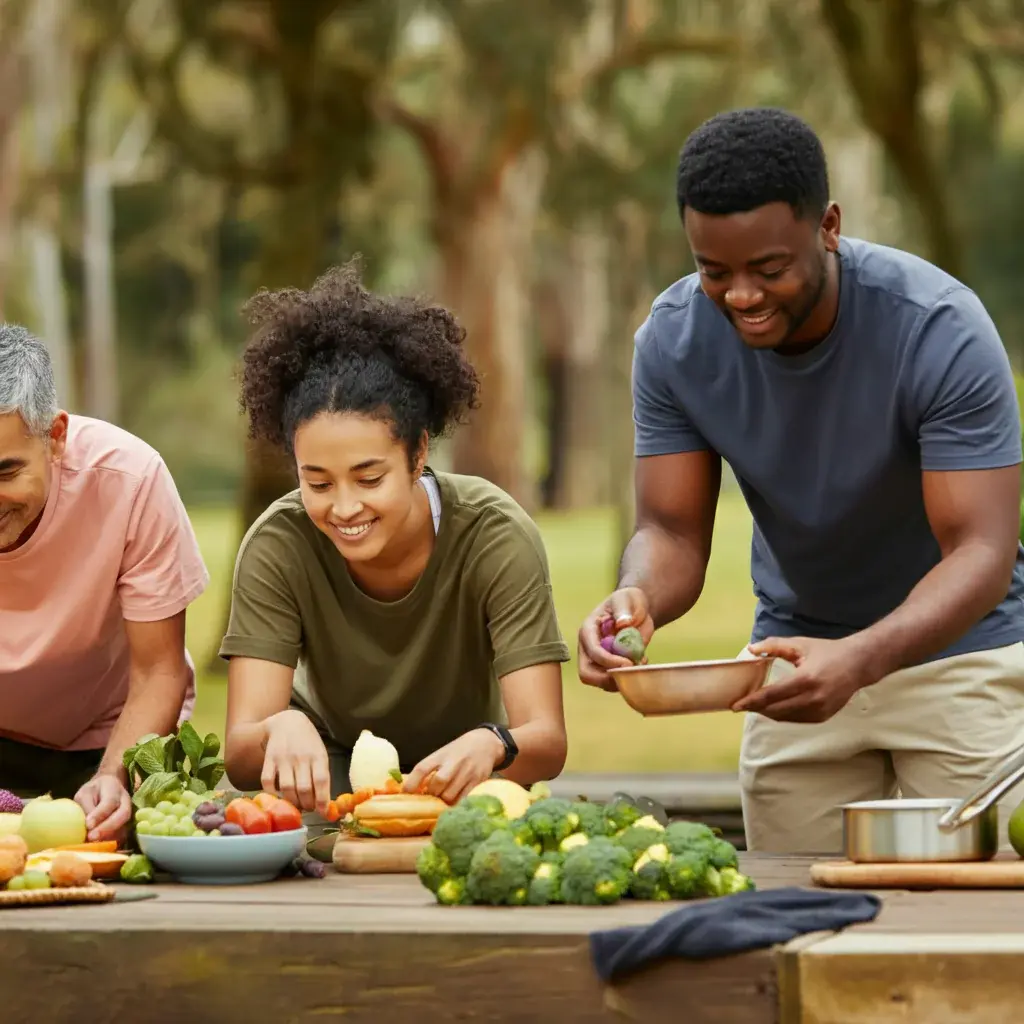 Personas comiendo sano para prevenir la obesidad