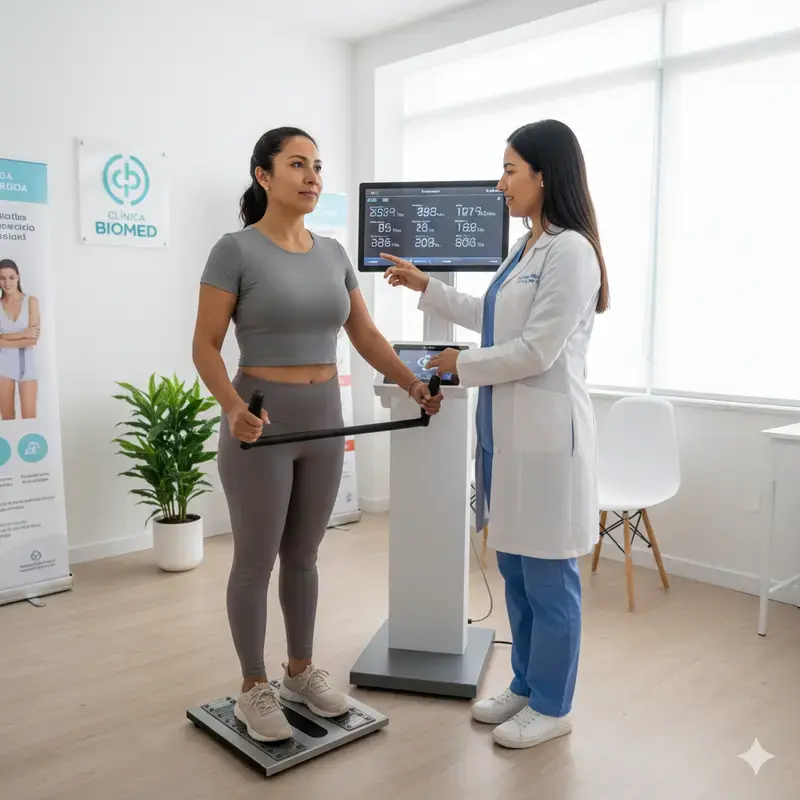 Medición de una mujer en el InBody para conocer el porcentaje de su grasa