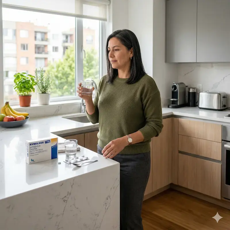 Mujer con diabetes a punto de tomar su medicamento