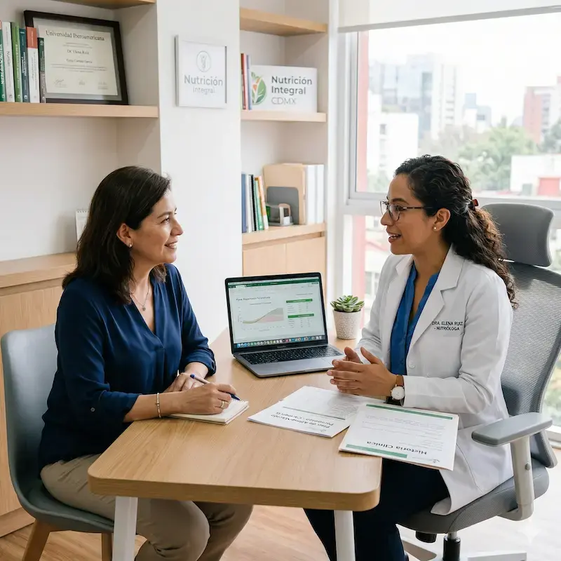Chica con diabetes en la consulta con una nutrióloga