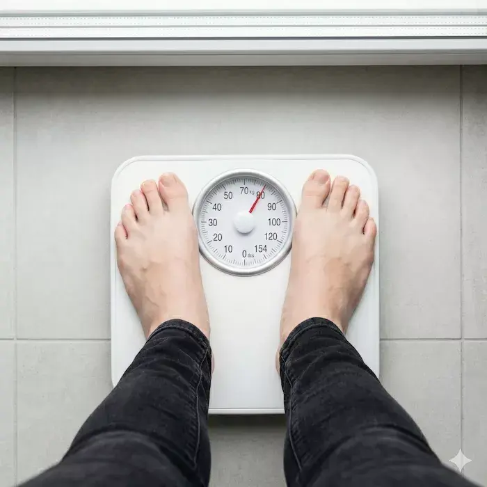 Persona arriba de la báscula para pesarse