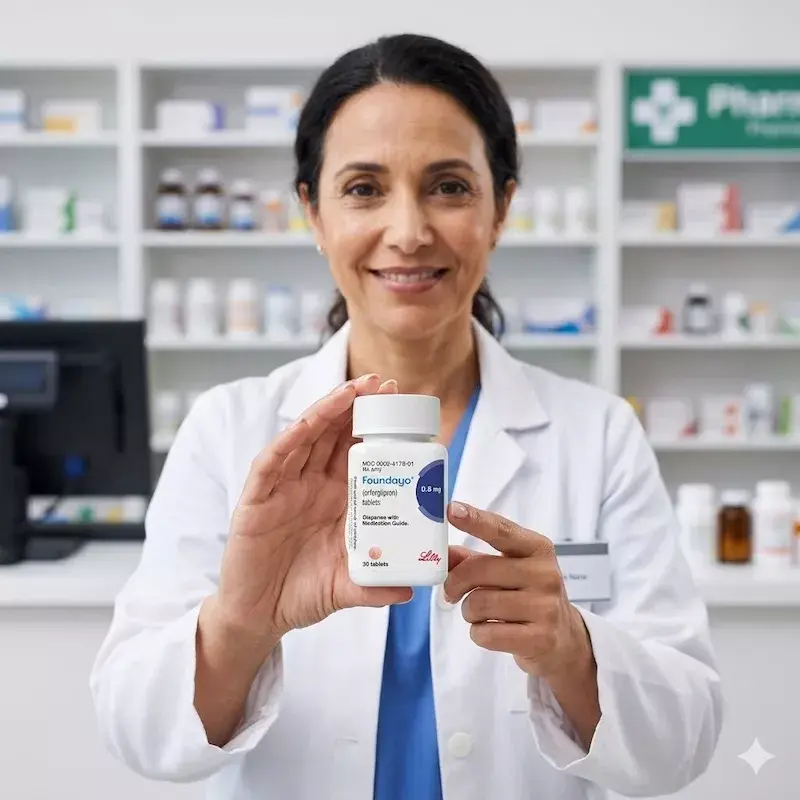 Farmaceútica mostrando Foundayo, la nueva medicina para tratar la obesidad