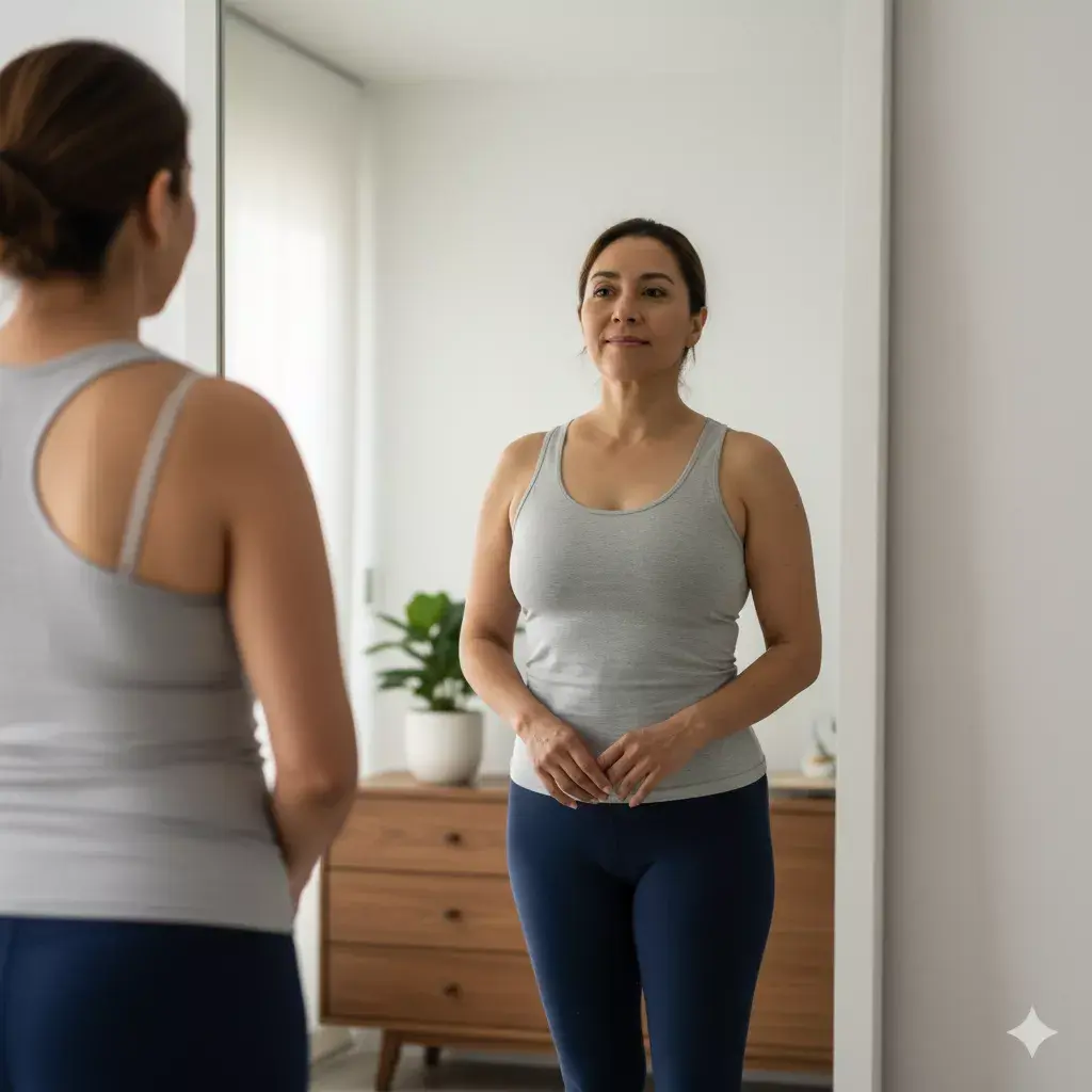 persona mexicana adulta mirando su reflejo con serenidad frente a un espejo en casa