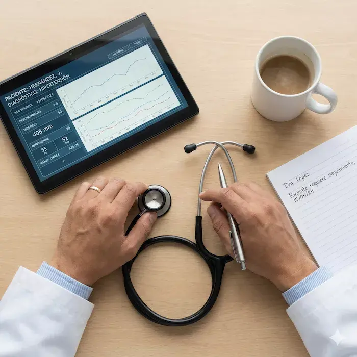 Fotografía cenital de una mesa de trabajo médico profesional en luz natural suave. Se observa un estetoscopio negro moderno, una tablet mostrando datos clínicos, una taza de café blanca a medio tomar, un bloc de notas con anotaciones médicas, y una pluma plateada.